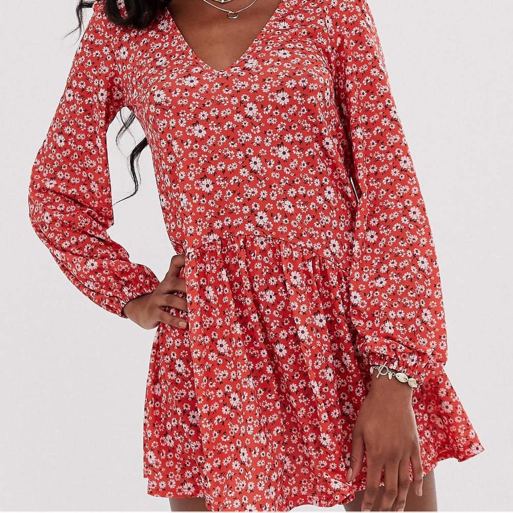 ASOS Red Floral Balloon Sleeves Mini Dress Size 6